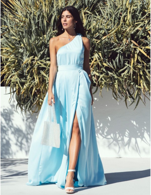 Light blue long dress with asymmetrical neckline and...