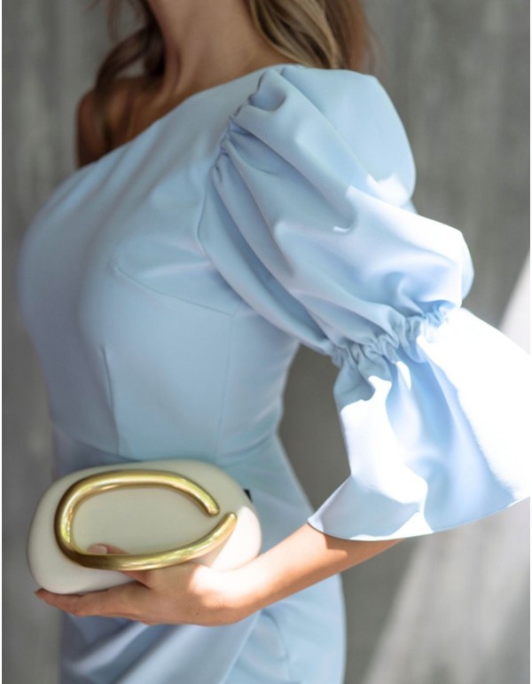 Short blue dress with asymmetrical neckline and puffed... 2