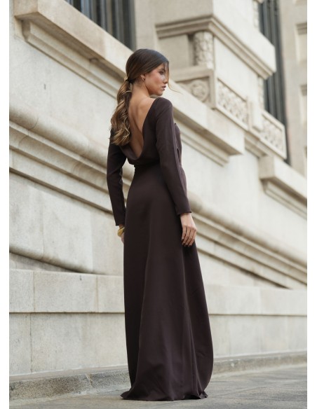 Long brown dress with boat neckline and shawl