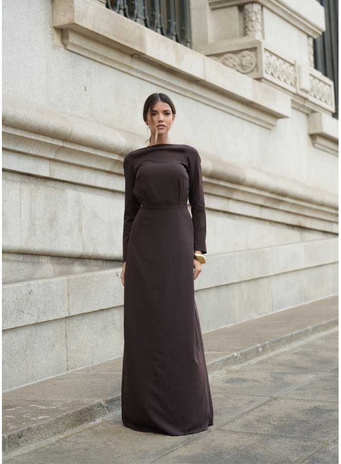 Long brown dress with boat neckline and shawl