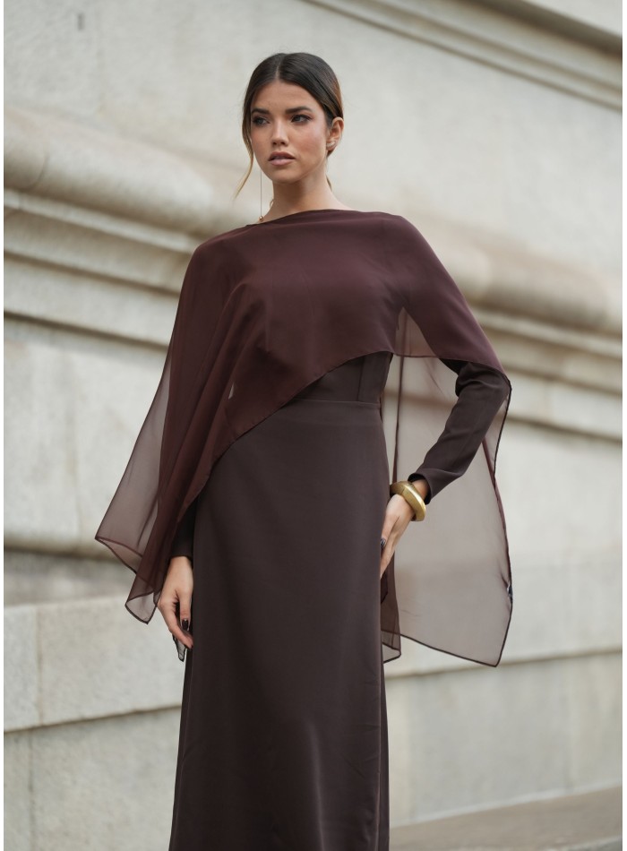 Long brown dress with boat neckline and shawl