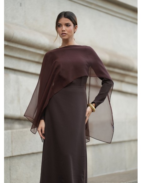 Long brown dress with boat neckline and shawl