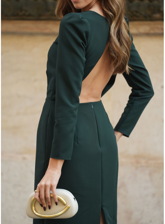 Vestido midi verde oscuro con escote cuadrado y manga larga elegante para cenas de empresa