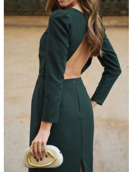 Robe midi vert foncé avec encolure carrée et manches longues élégantes