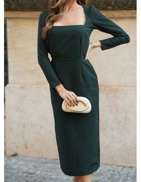 Vestido midi verde oscuro con escote cuadrado y manga larga elegante para cocteles