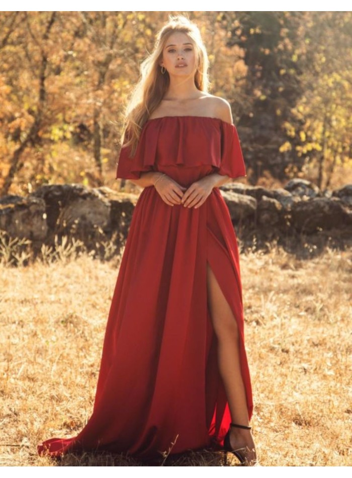 Long red dress with strapless neckline