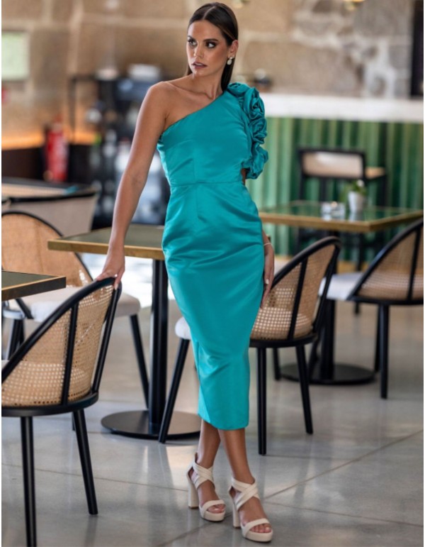 Asymmetrical floral midi guest dress with flowers