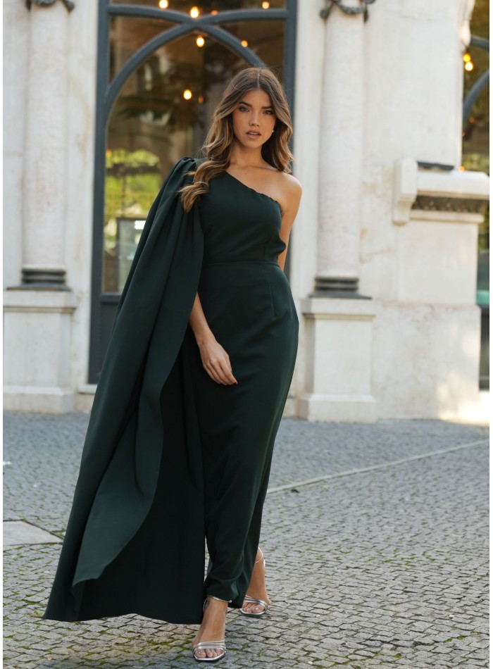 Green long dress with asymmetrical neckline and...