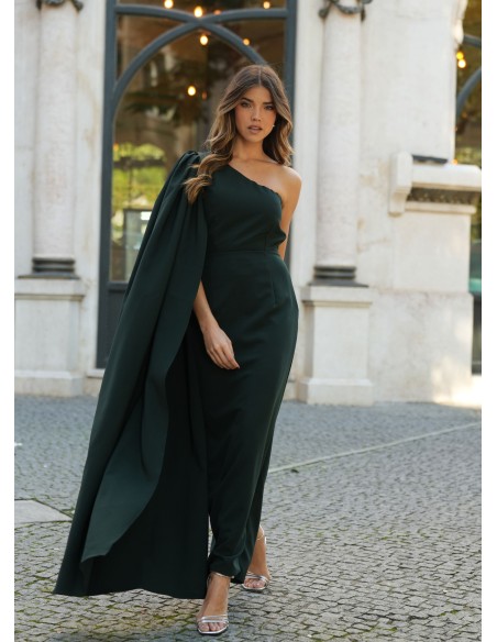 Robe longue verte à encolure asymétrique et manches cape