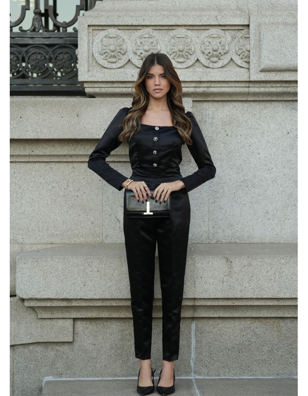 Pantalón de tiro alto negro elegante con bolsillos laterales y cierre invisible 2