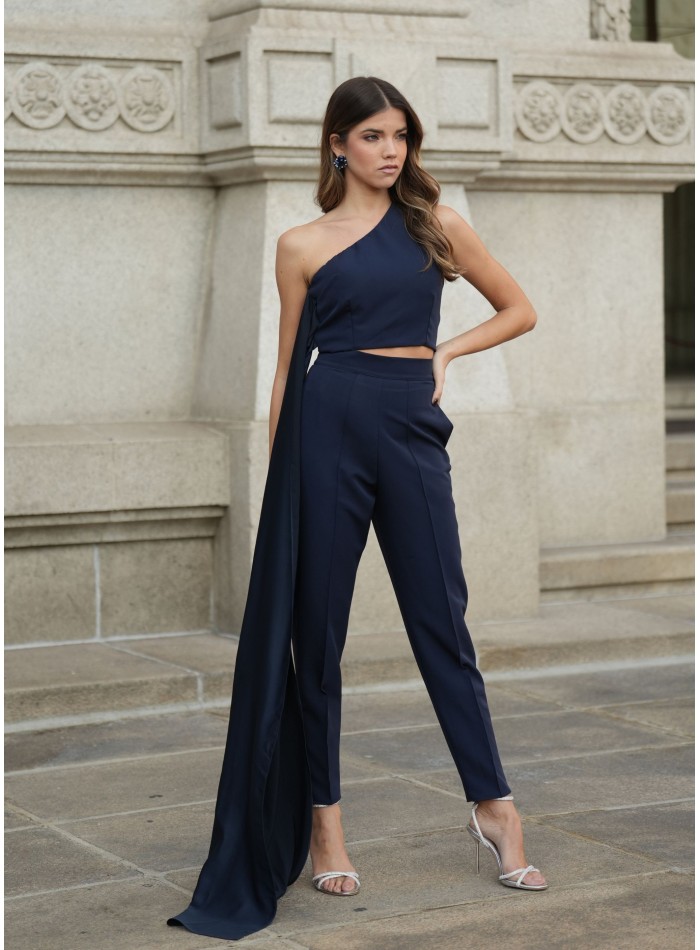 Navy blue high-waist pants with side pockets...