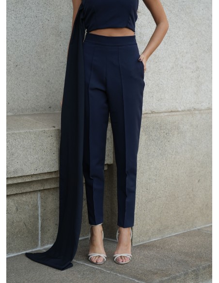 Pantalón azul marino de tiro alto con bolsillos laterales y cierre invisible