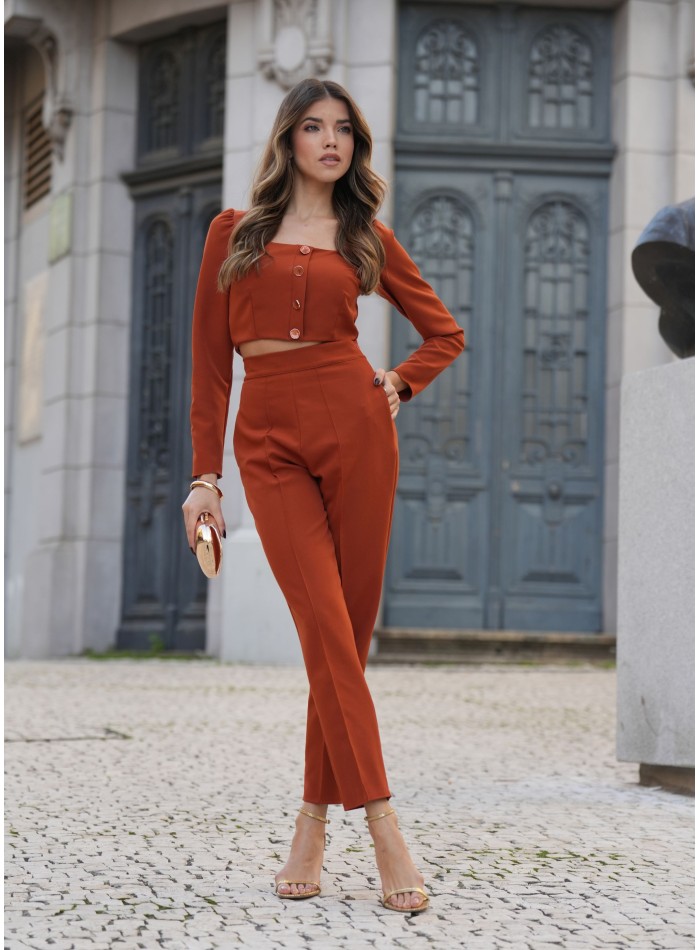 Terracotta blouse with square neckline and long...