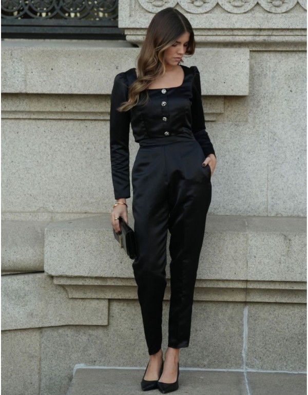 Élégant pantalon noir à taille haute avec poches...