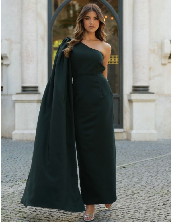 Green long dress with asymmetrical neckline and cape sleeves