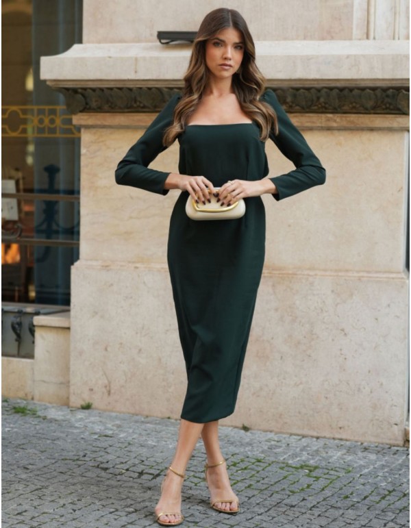 Dark green midi dress with square neckline and elegant...