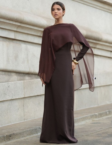 Long brown dress with boat neckline and shawl