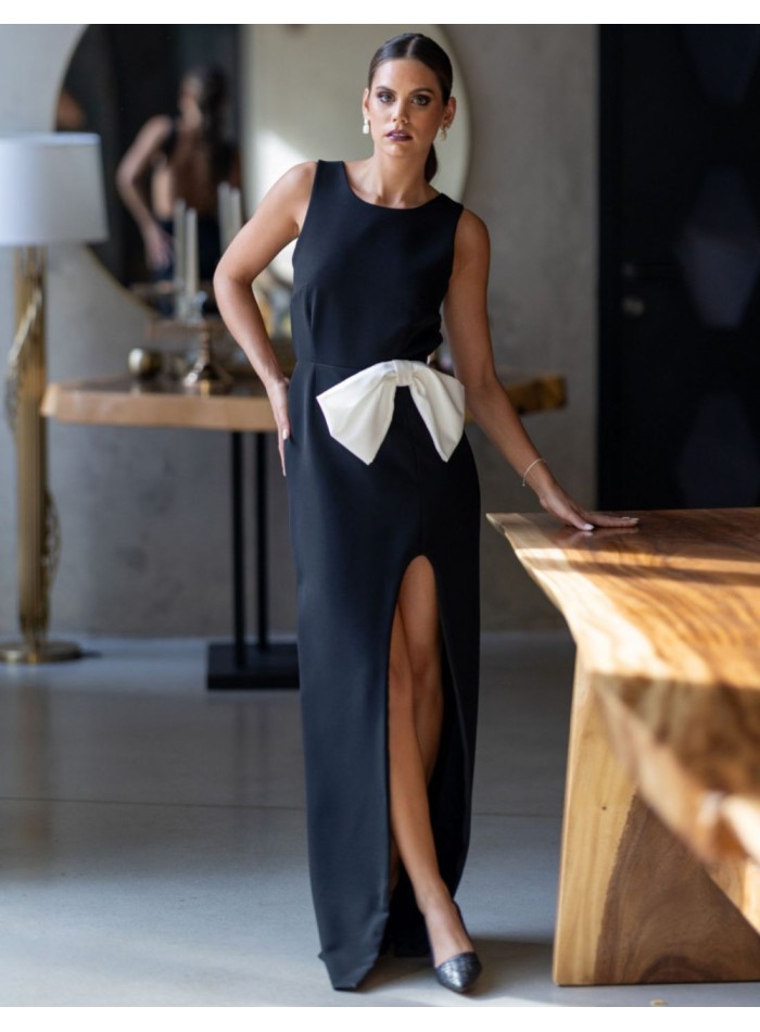 Long black guest dress with bow