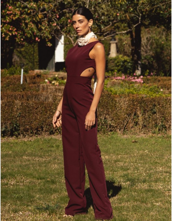 Burgundy long party jumpsuit with side slits