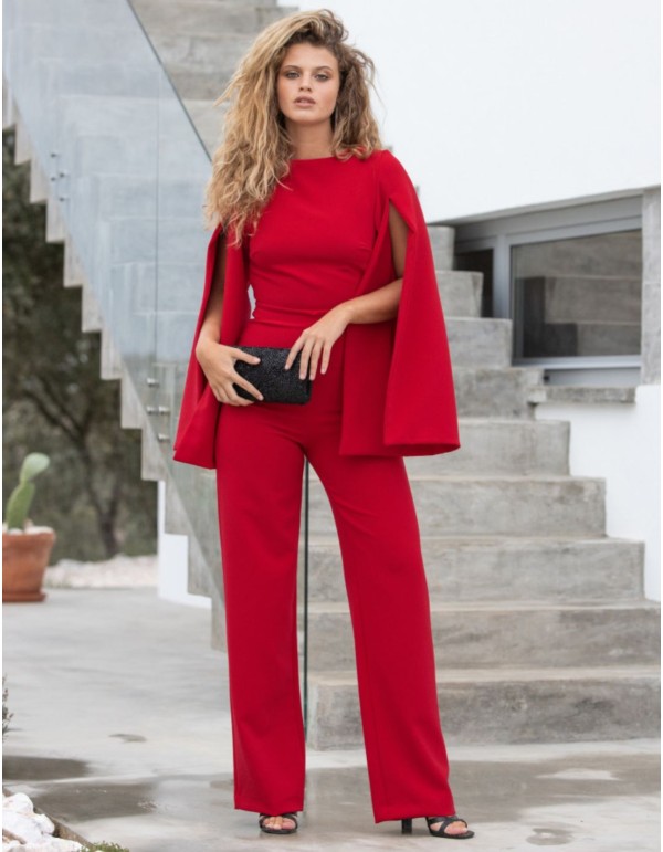 Red party jumpsuit with long cape sleeves
