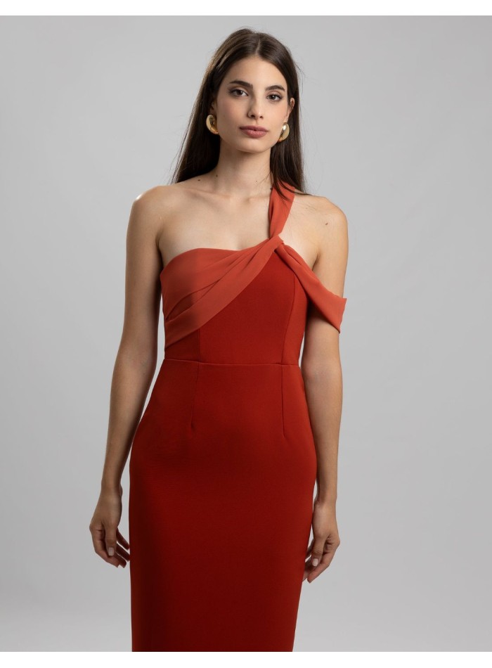 Long tile party dress with asymmetrical chiffon...