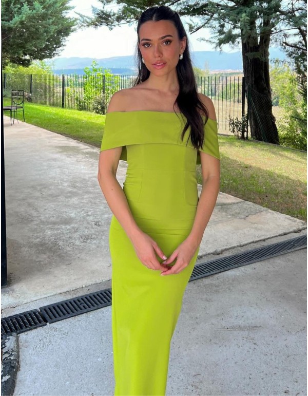 Long party dress with bardot neckline and back opening