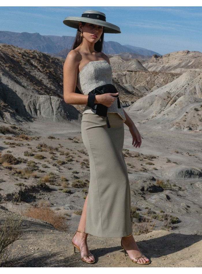 Asymmetrical strapless top and crepe skirt set