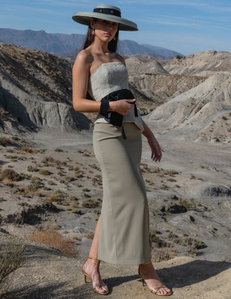 Asymmetrical strapless top and crepe skirt set