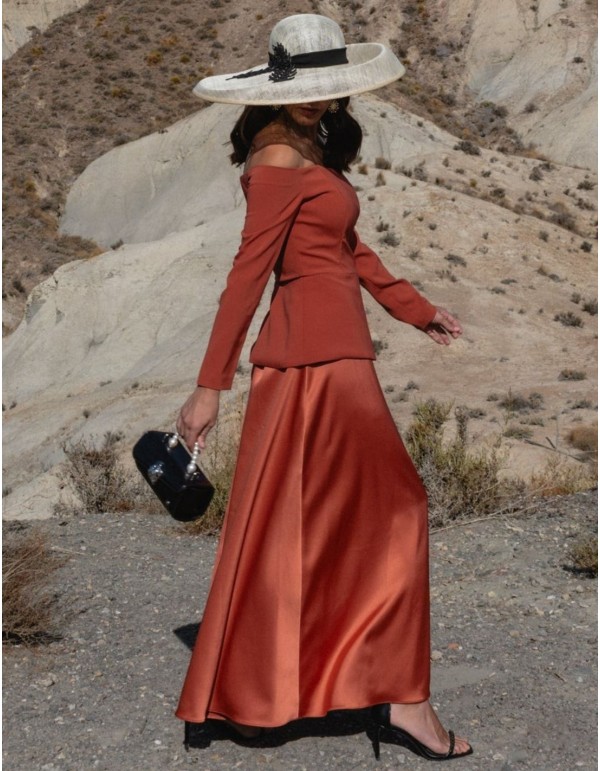 Guest ensemble with bardot neckline top and flared skirt