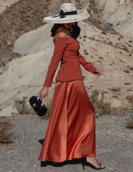 Guest ensemble with bardot neckline top and flared skirt