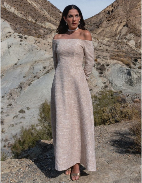 Tweed midi dress with Bardot neckline and flared skirt