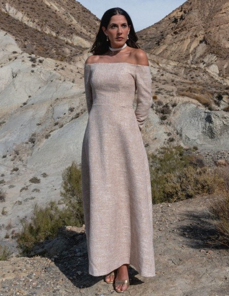 Tweed midi dress with Bardot neckline and flared skirt