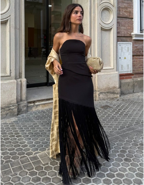 Black set with asymmetrical strapless top and skirt with...