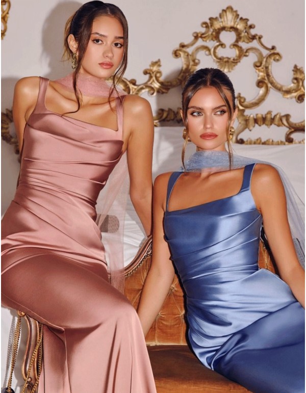 Long gown with wide straps and draped satin bodice 2