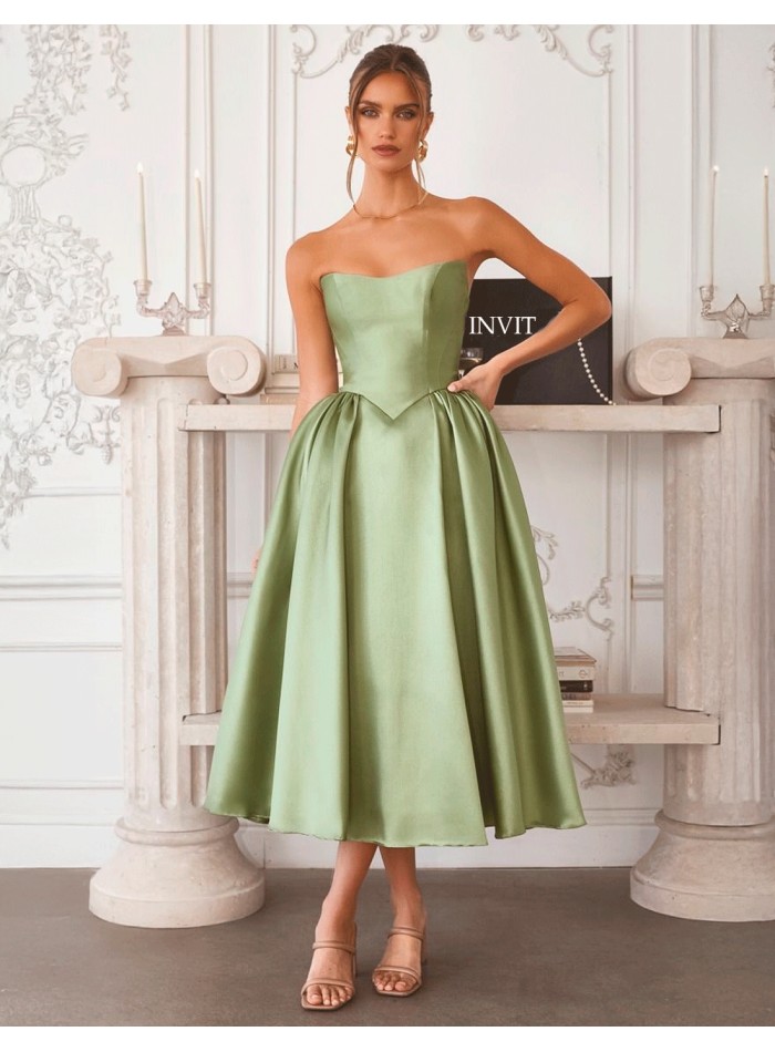 Satin strapless midi wedding guest dress in...