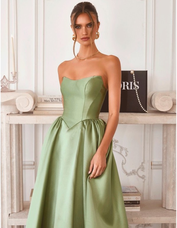 Satin strapless midi wedding guest dress in satin with... 2
