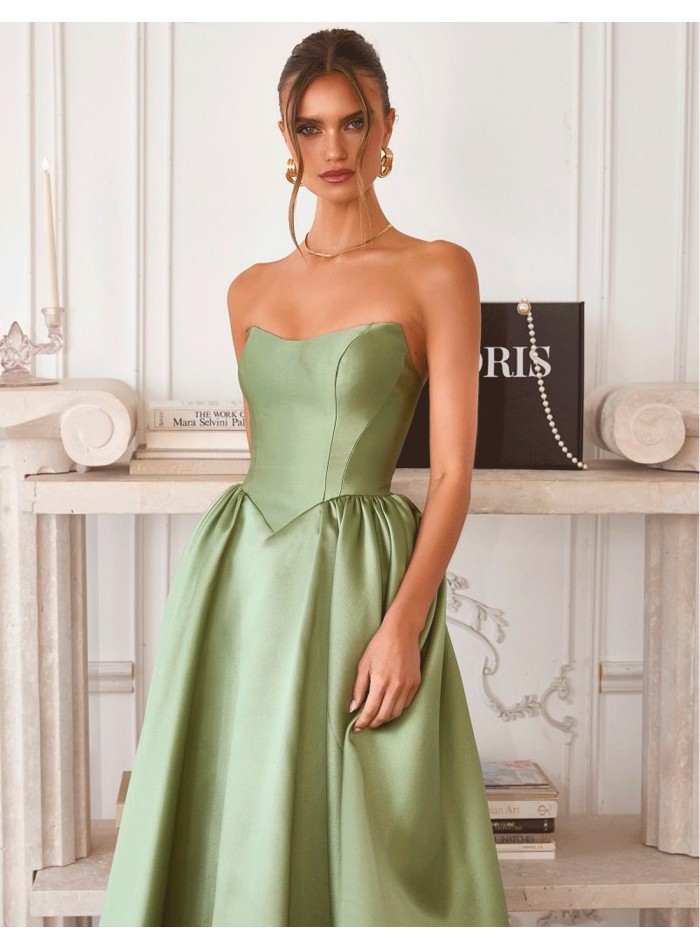 Satin strapless midi wedding guest dress in...