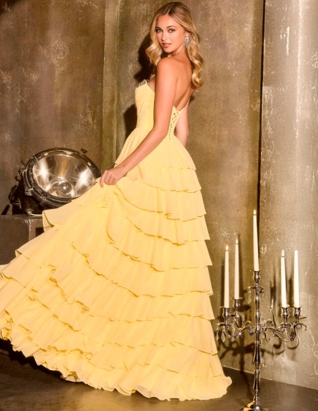 Robe de soirée longue avec corsage en strass et jupe à volants