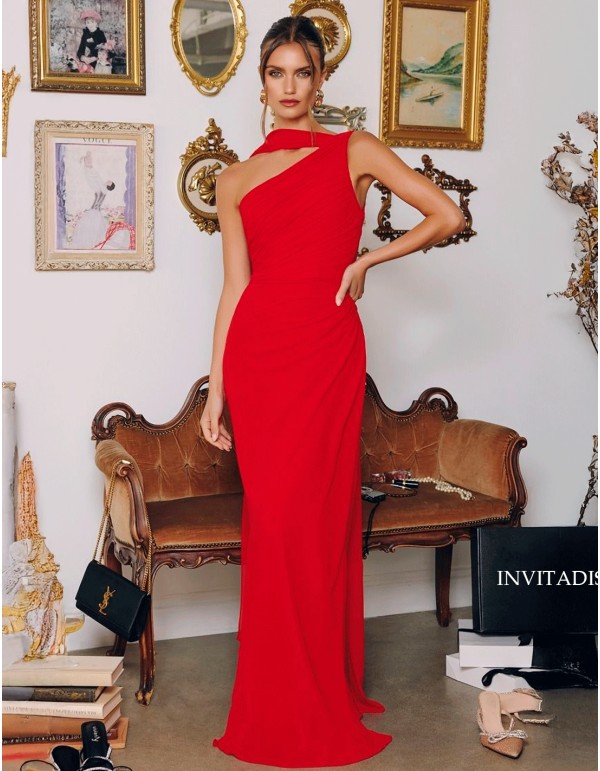 Robe de soirée longue à encolure asymétrique de style grec