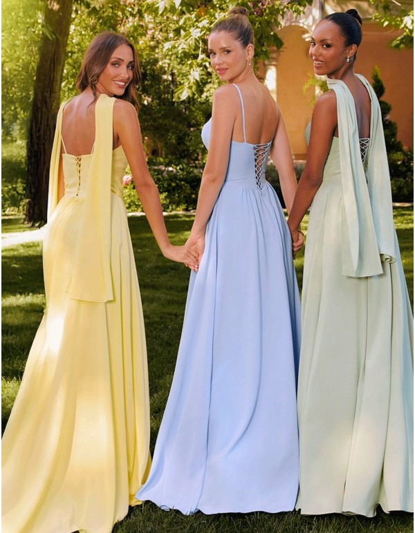 Vestido de fiesta largo con cuerpo encorsetado y falda de vuelo en colores pastel 2