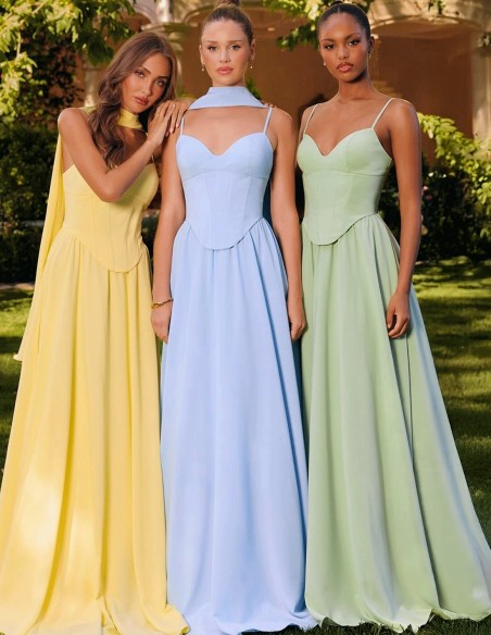 Long gown with corset bodice and flounce skirt