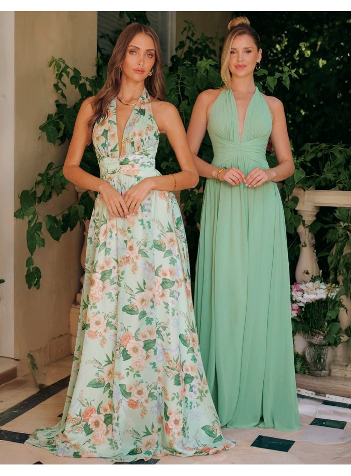 Vestido de invitada largo con escote halter y estampado floral