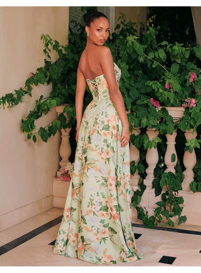 Vestido de fiesta largo palabra de honor con estampado floral detalle de la espalda