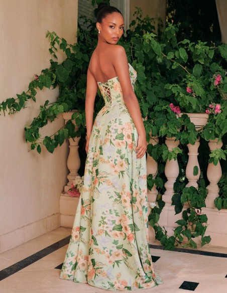 Strapless long gown with floral print