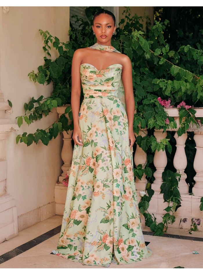 Vestido de fiesta largo palabra de honor con estampado floral vestido completo