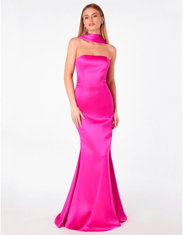 Vestido de fiesta palabra de honor ajustado con chal rosa fucsia