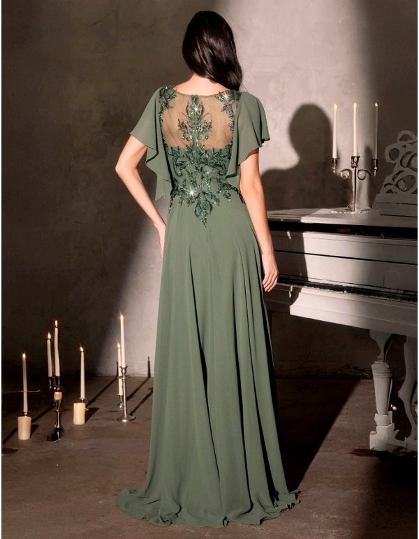 Long ball gown with rhinestone bodice and cascade sleeves 2