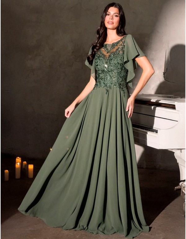 Robe de soirée longue avec corsage en strass et manches...