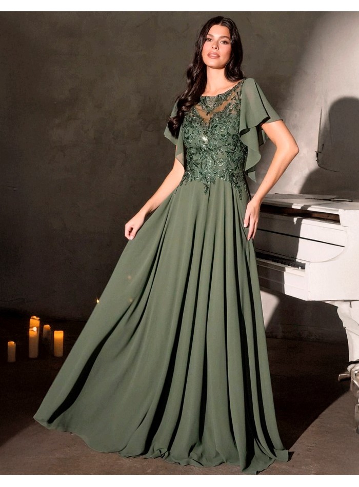 Vestido de fiesta largo con cuerpo de pedrería y manga en cascada