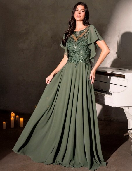 Vestido de fiesta largo con cuerpo de pedrería y manga en cascada